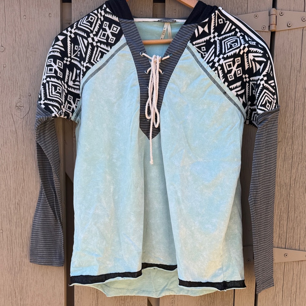 Long Sleeve Lace Up Hoodie Light Blue Black Grey patchwork fabric, Boho Gorpcore